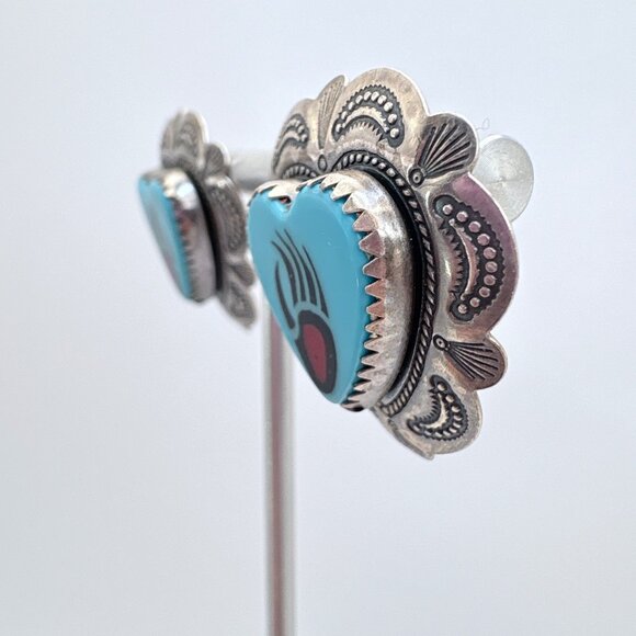 VTG Sterling Silver 925 Turquoise Bear Paw Heart Earrings Size 1" Length - Picture 4 of 11